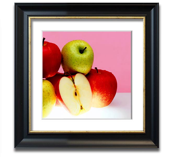 A beautifully framed square print featuring an apple design, available in various frame colors, handmade in the UK.