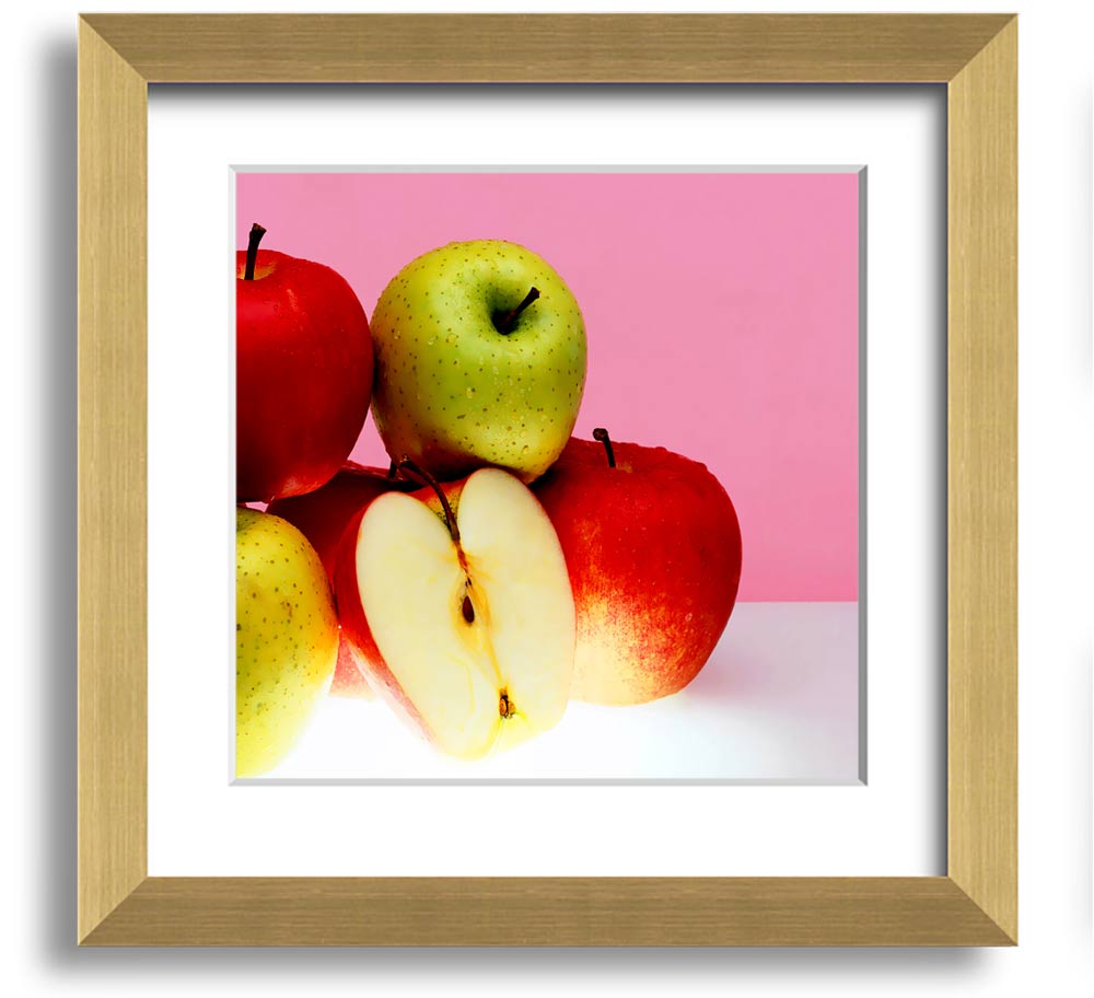 A beautifully framed square print featuring an apple design, available in various frame colors, handmade in the UK.