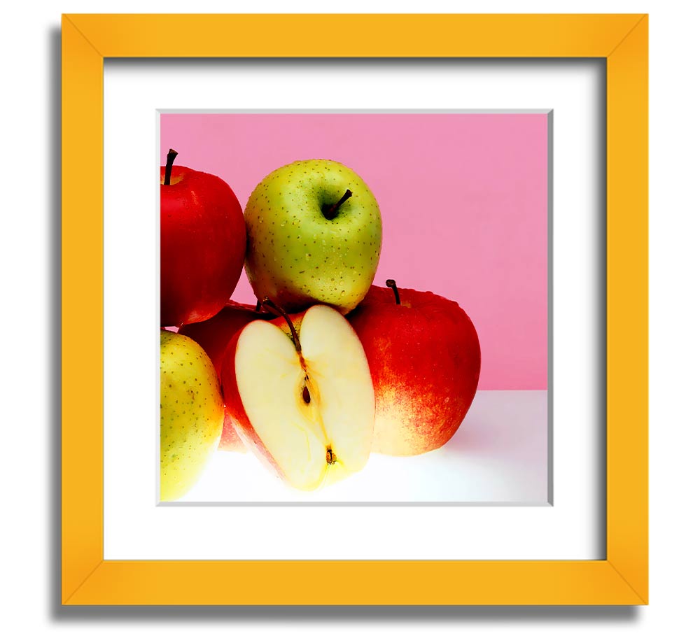 A beautifully framed square print featuring an apple design, available in various frame colors, handmade in the UK.