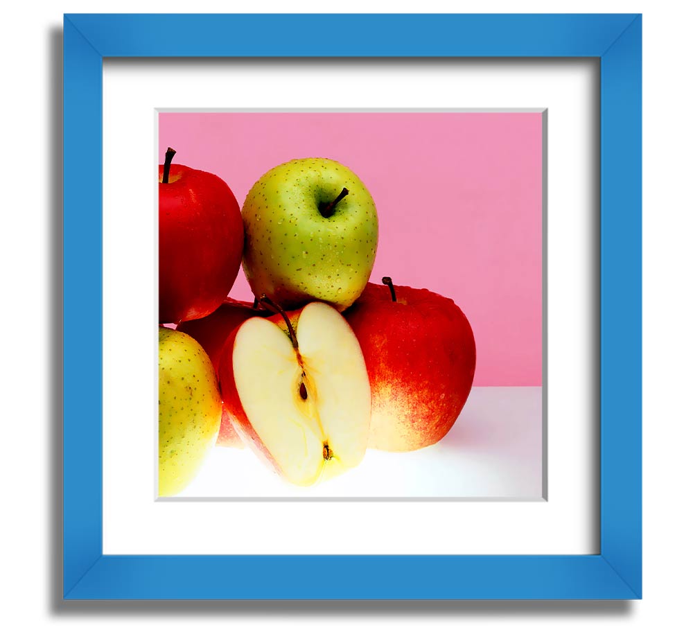 A beautifully framed square print featuring an apple design, available in various frame colors, handmade in the UK.