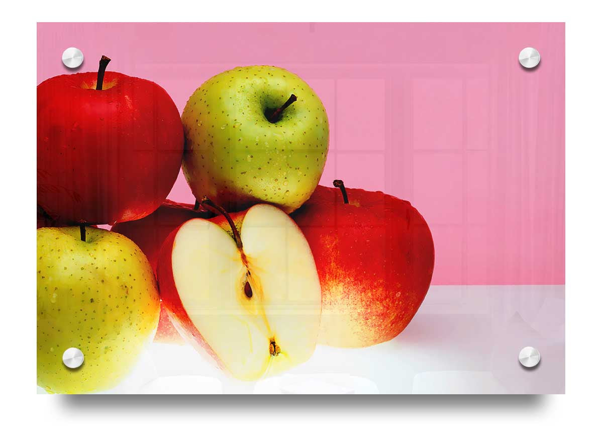 Vibrant Apple Surprise acrylic print on 5mm thick glass, showcasing colorful apple design.