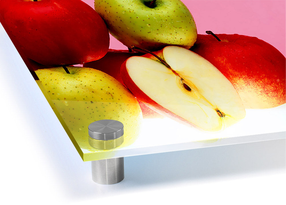 Vibrant Apple Surprise acrylic print on 5mm thick glass, showcasing colorful apple design.