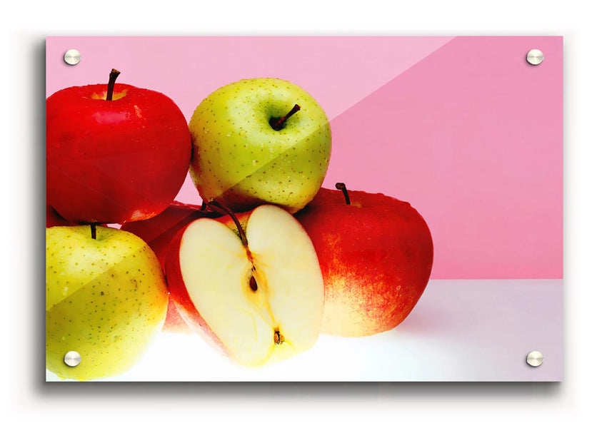 Vibrant Apple Surprise acrylic print on 5mm thick glass, showcasing colorful apple design.