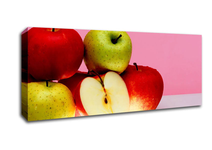 Vibrant Apple Surprise canvas art mounted on a box frame, showcasing a colorful apple design.