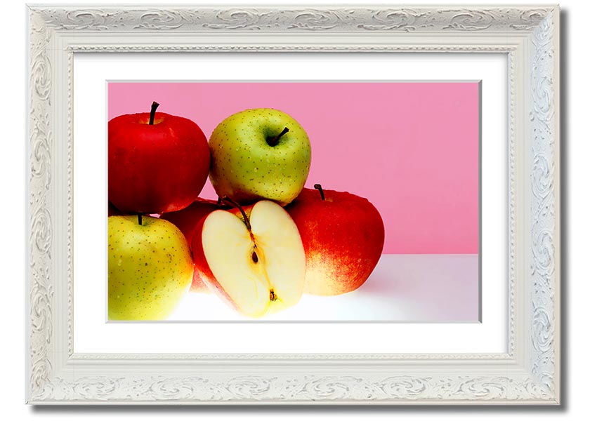 A beautifully framed print of an apple-themed artwork, showcasing vibrant colors and intricate details, ready to hang.