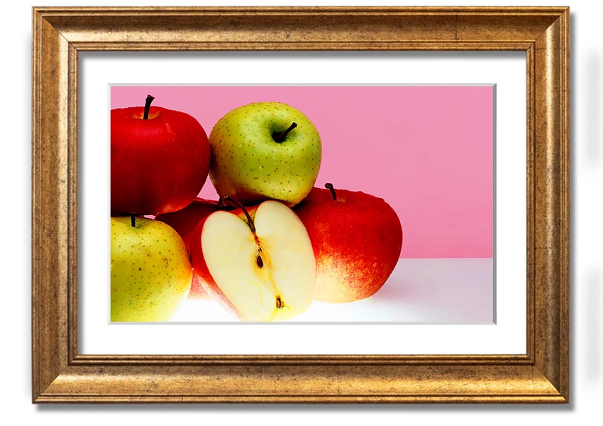 A beautifully framed print of an apple-themed artwork, showcasing vibrant colors and intricate details, ready to hang.