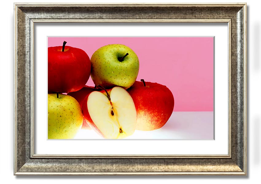 A beautifully framed print of an apple-themed artwork, showcasing vibrant colors and intricate details, ready to hang.