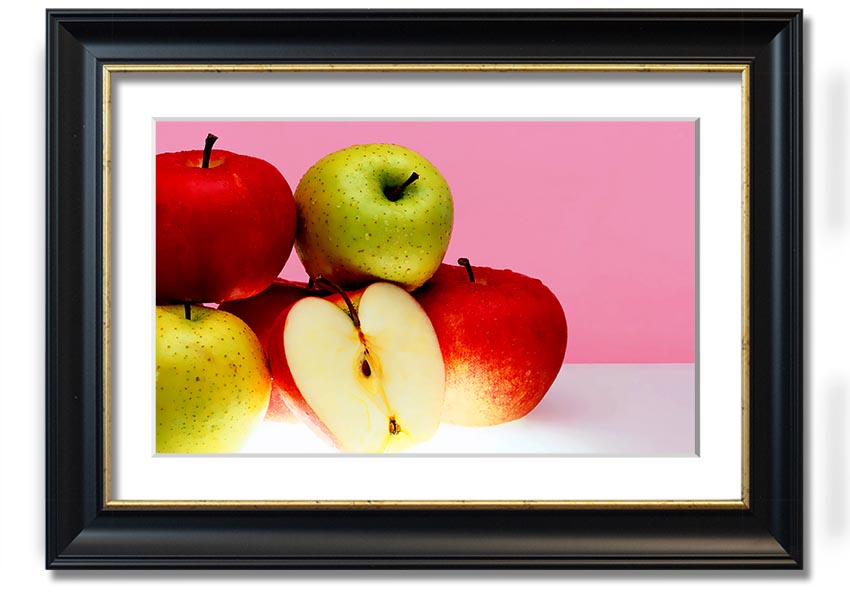 A beautifully framed print of an apple-themed artwork, showcasing vibrant colors and intricate details, ready to hang.