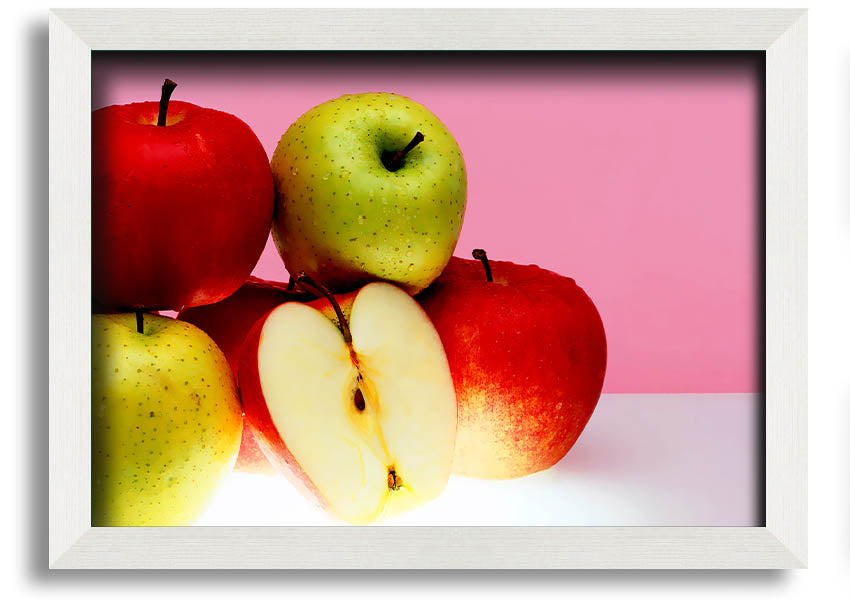 A beautifully framed print of an apple-themed artwork, showcasing vibrant colors and intricate details, ready to hang.