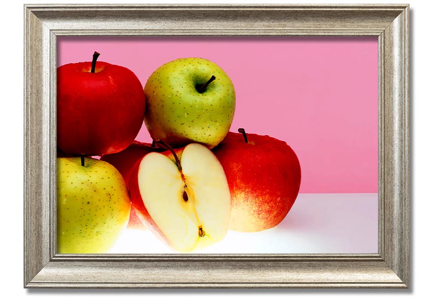 A beautifully framed print of an apple-themed artwork, showcasing vibrant colors and intricate details, ready to hang.