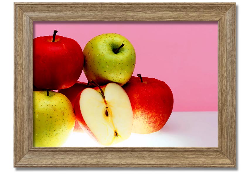 A beautifully framed print of an apple-themed artwork, showcasing vibrant colors and intricate details, ready to hang.