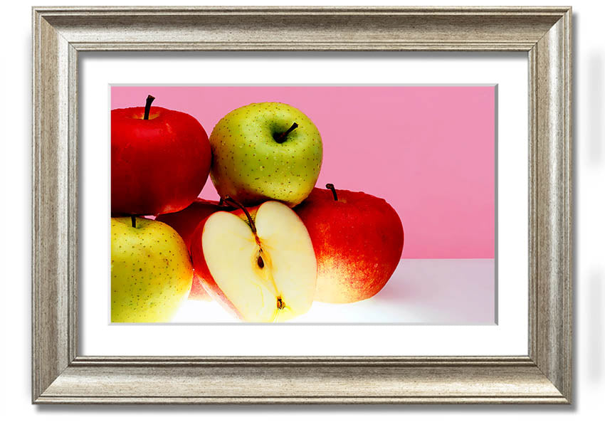 A beautifully framed print of an apple-themed artwork, showcasing vibrant colors and intricate details, ready to hang.