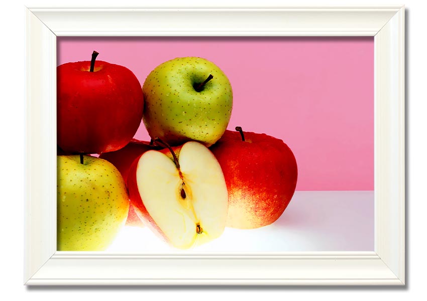 A beautifully framed print of an apple-themed artwork, showcasing vibrant colors and intricate details, ready to hang.