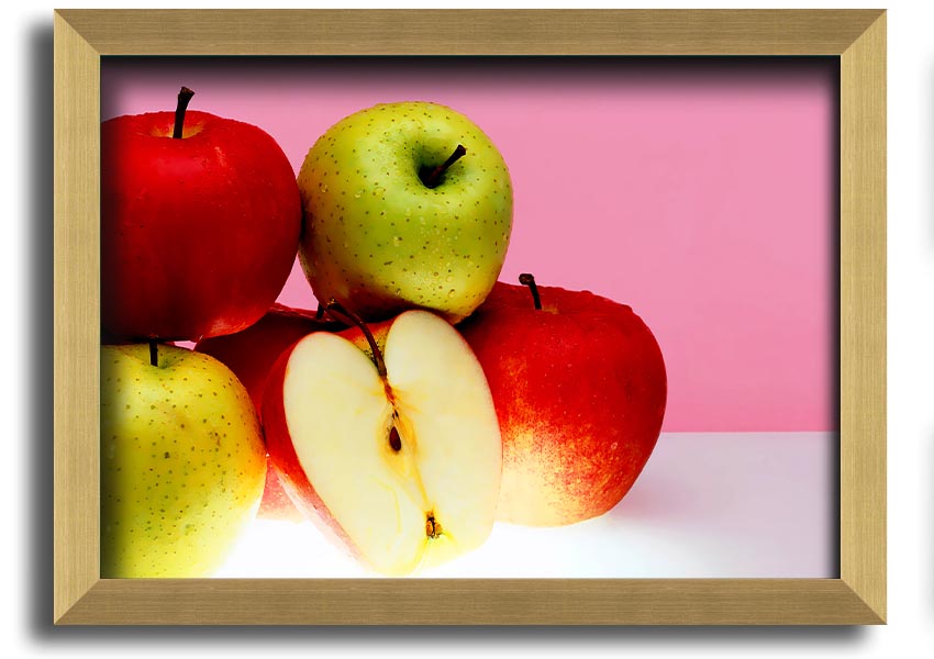 A beautifully framed print of an apple-themed artwork, showcasing vibrant colors and intricate details, ready to hang.