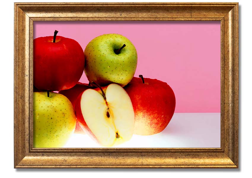 A beautifully framed print of an apple-themed artwork, showcasing vibrant colors and intricate details, ready to hang.