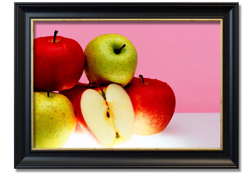 A beautifully framed print of an apple-themed artwork, showcasing vibrant colors and intricate details, ready to hang.