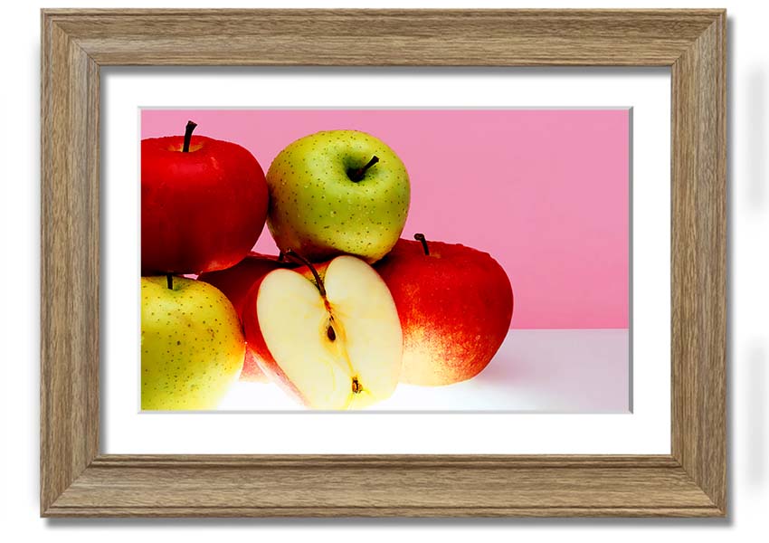 A beautifully framed print of an apple-themed artwork, showcasing vibrant colors and intricate details, ready to hang.