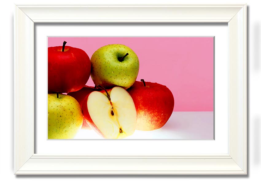 A beautifully framed print of an apple-themed artwork, showcasing vibrant colors and intricate details, ready to hang.