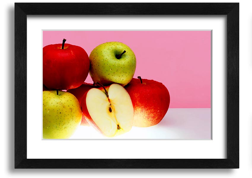 A beautifully framed print of an apple-themed artwork, showcasing vibrant colors and intricate details, ready to hang.