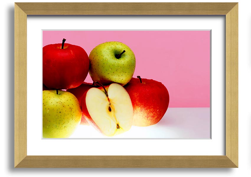 A beautifully framed print of an apple-themed artwork, showcasing vibrant colors and intricate details, ready to hang.