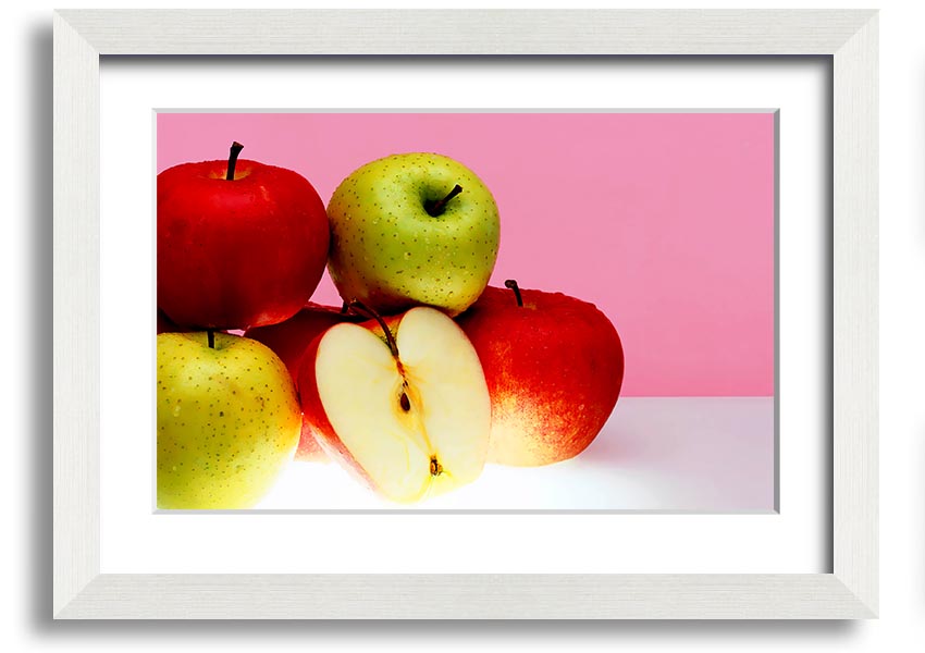 A beautifully framed print of an apple-themed artwork, showcasing vibrant colors and intricate details, ready to hang.