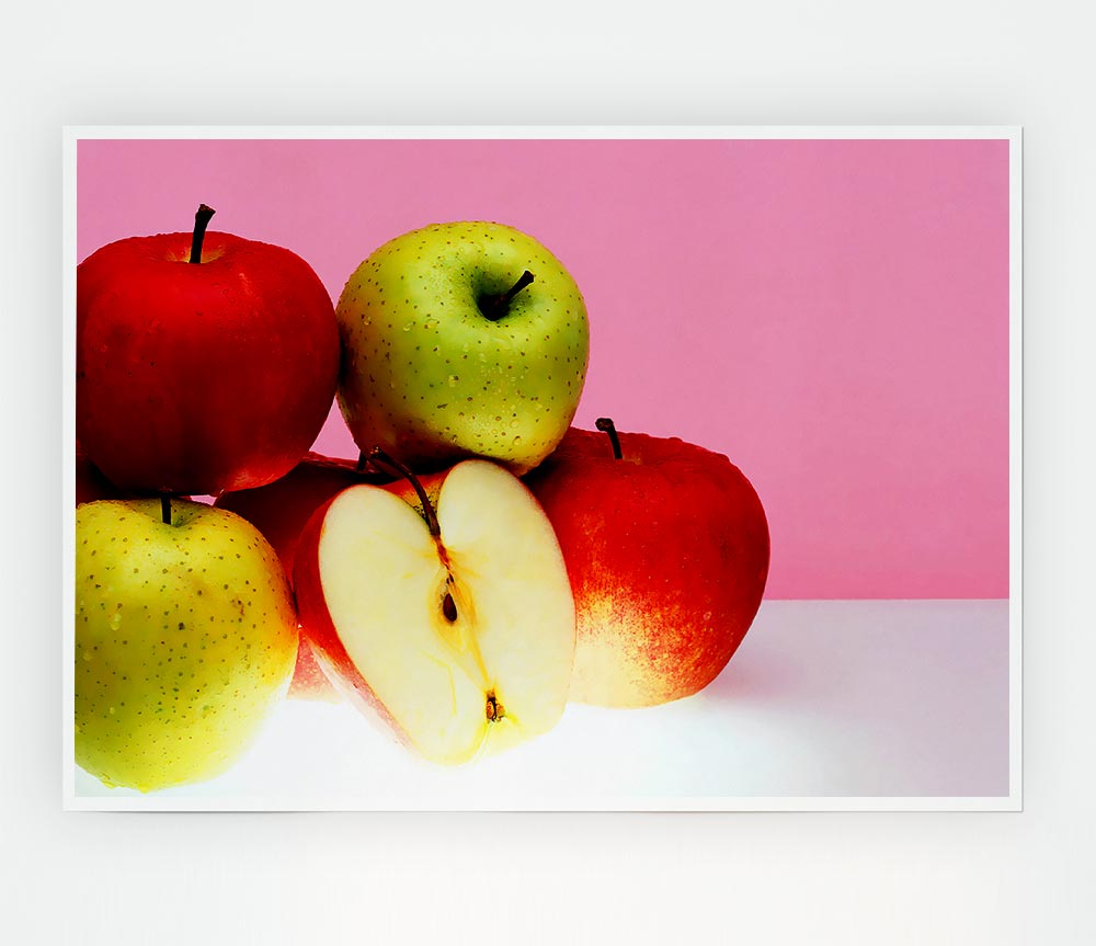 Vibrant Apple Surprise poster printed on high-quality canvas, showcasing a colorful apple design.