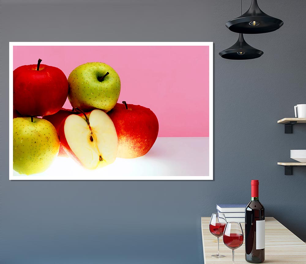 Vibrant Apple Surprise poster printed on high-quality canvas, showcasing a colorful apple design.