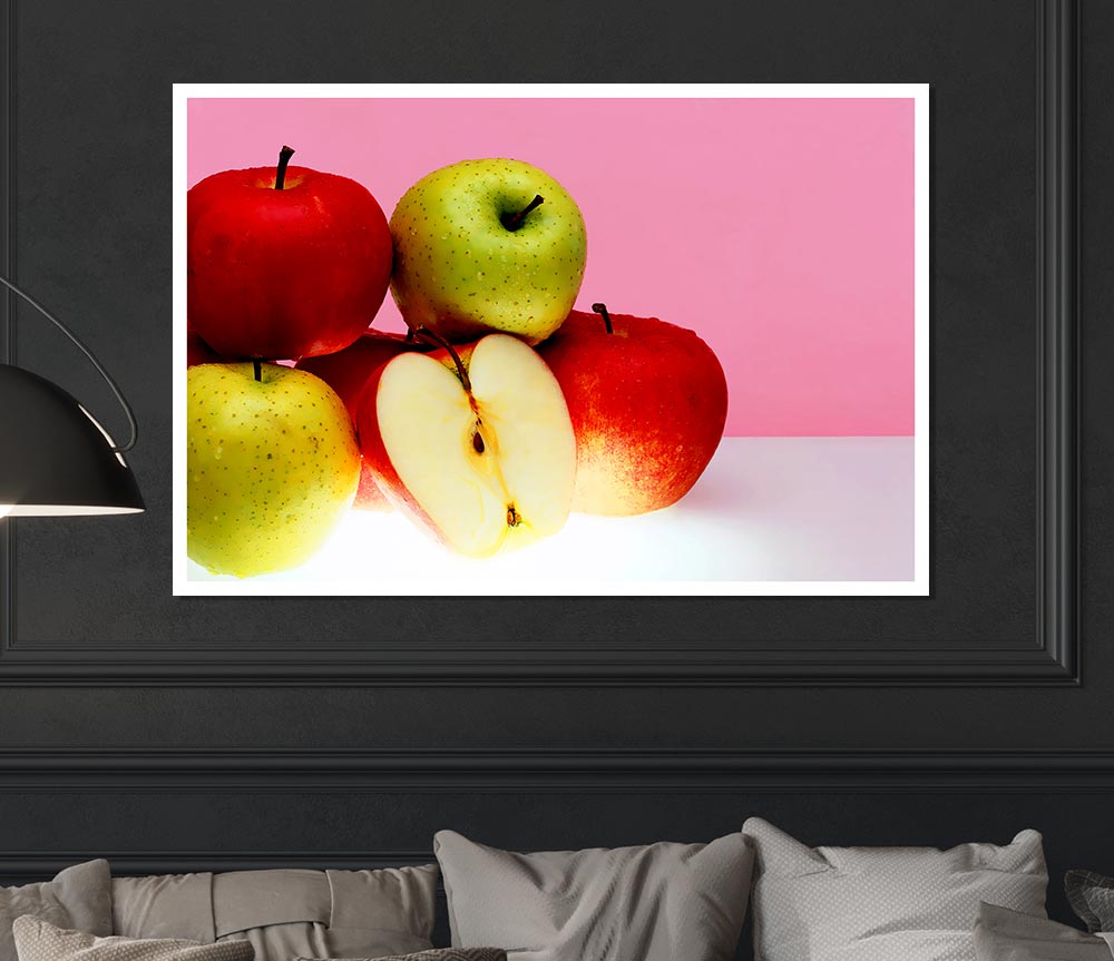 Vibrant Apple Surprise poster printed on high-quality canvas, showcasing a colorful apple design.