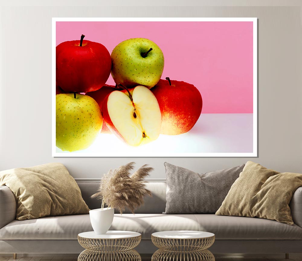 Vibrant Apple Surprise poster printed on high-quality canvas, showcasing a colorful apple design.