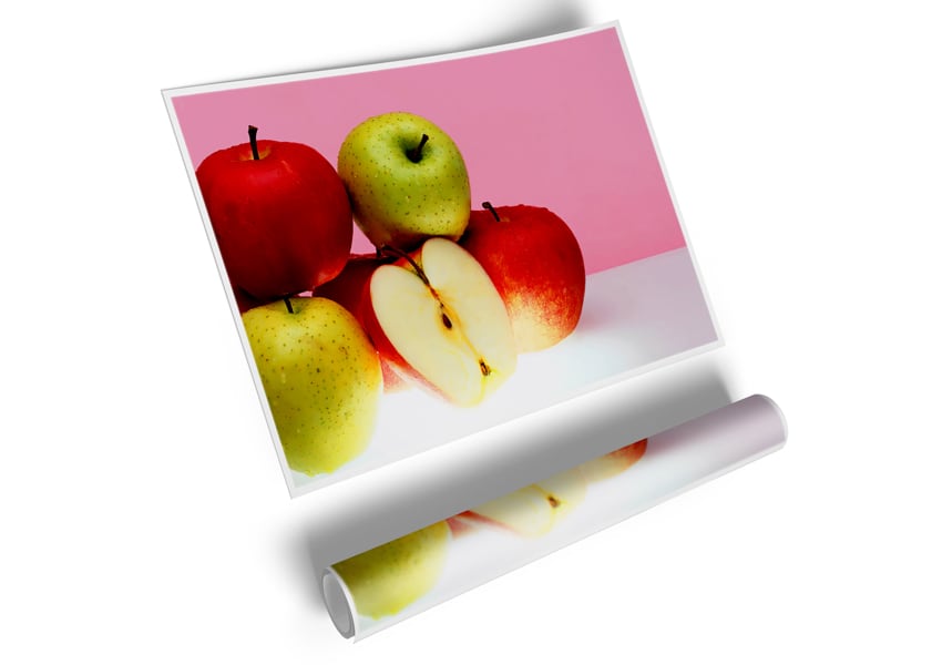 Vibrant Apple Surprise poster printed on high-quality canvas, showcasing a colorful apple design.