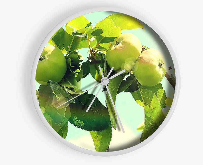 Stylish Apple Tree clock made from natural bamboo with a round face, available in black, white, and natural frame colors.