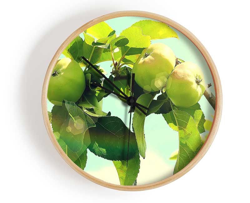 Stylish Apple Tree clock made from natural bamboo with a round face, available in black, white, and natural frame colors.