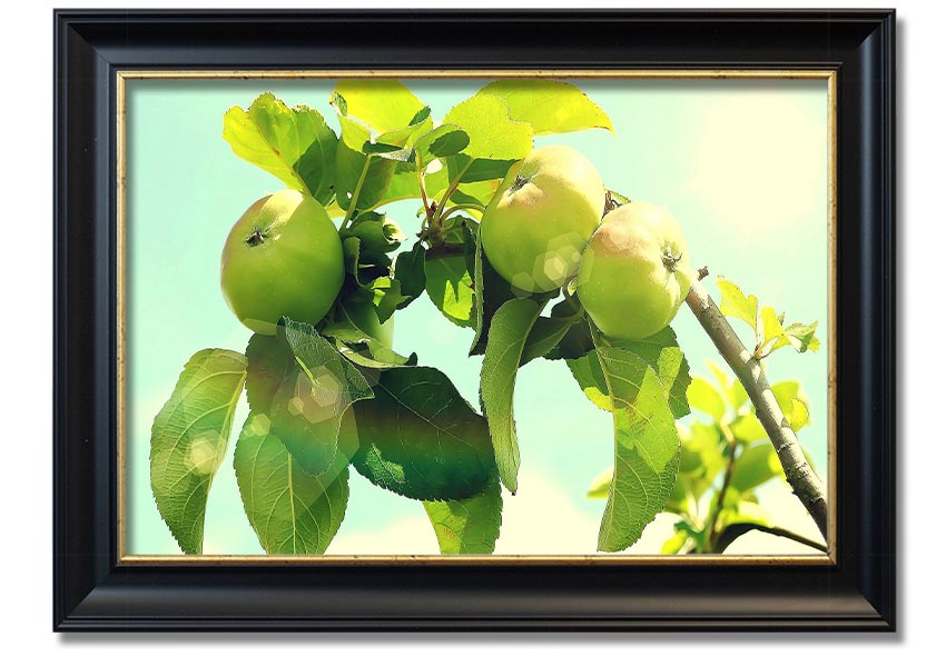 A beautifully framed print of an apple tree, showcasing vibrant colors and intricate details, ready to hang.