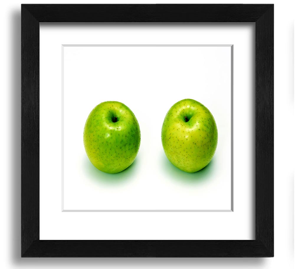 Apple Twins Square Framed Print showcasing vibrant colors and unique design, available in various frame colors.