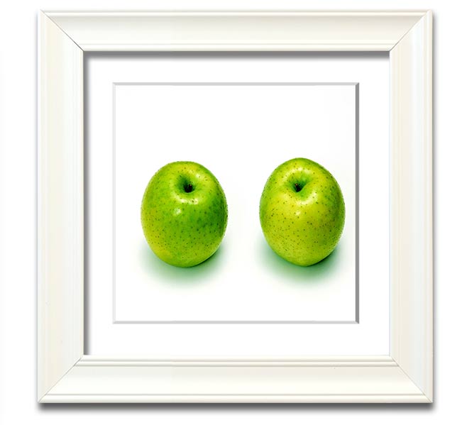 Apple Twins Square Framed Print showcasing vibrant colors and unique design, available in various frame colors.