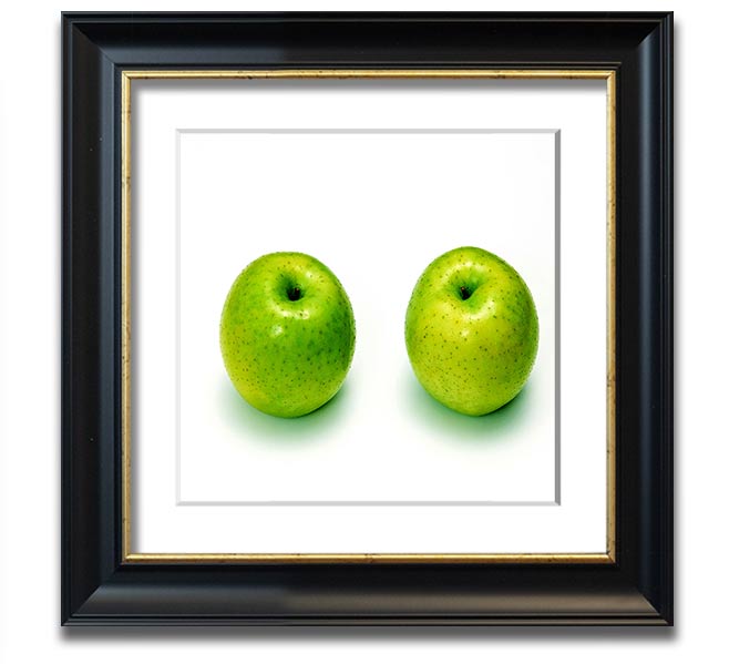 Apple Twins Square Framed Print showcasing vibrant colors and unique design, available in various frame colors.