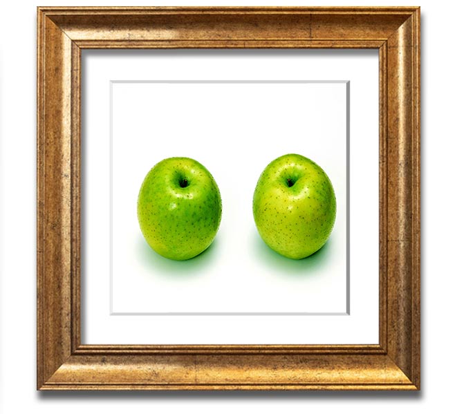 Apple Twins Square Framed Print showcasing vibrant colors and unique design, available in various frame colors.