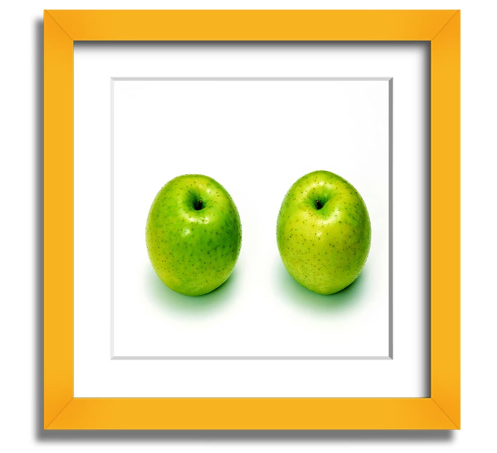 Apple Twins Square Framed Print showcasing vibrant colors and unique design, available in various frame colors.