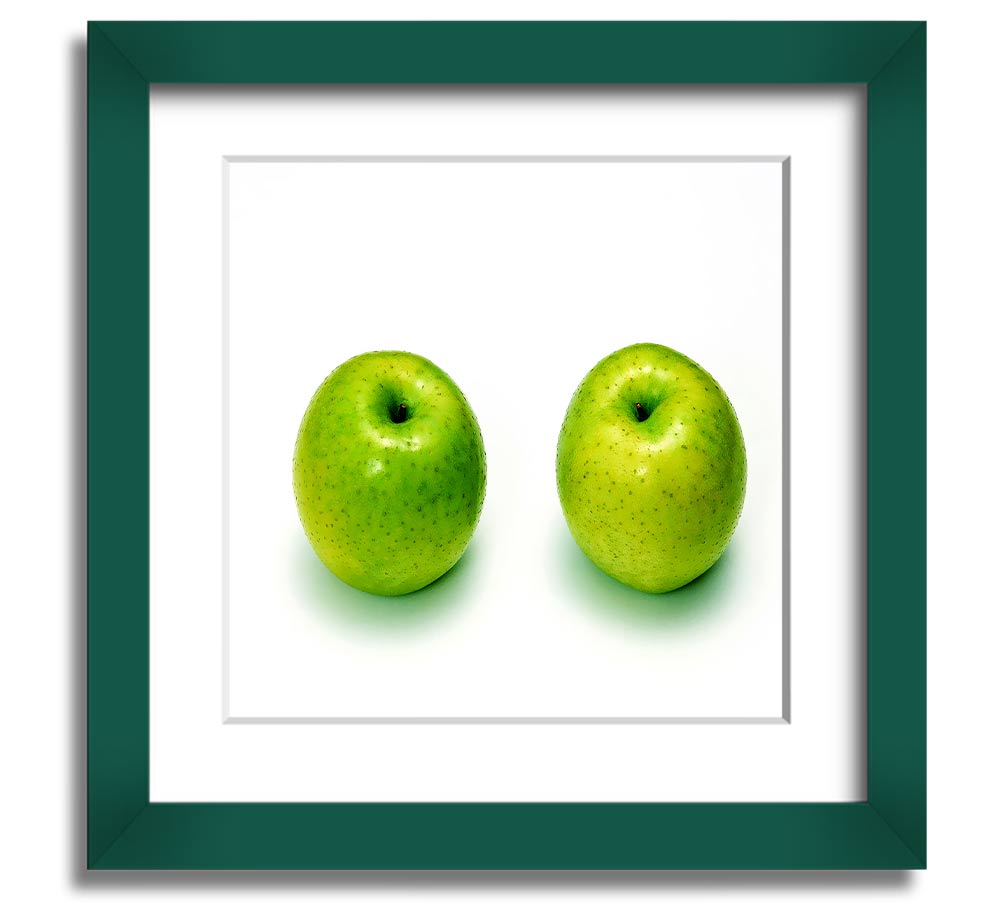 Apple Twins Square Framed Print showcasing vibrant colors and unique design, available in various frame colors.