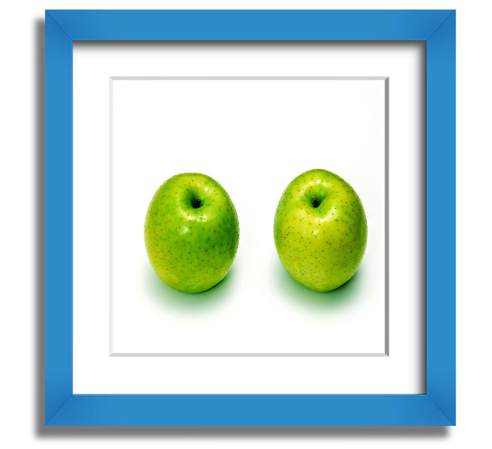 Apple Twins Square Framed Print showcasing vibrant colors and unique design, available in various frame colors.