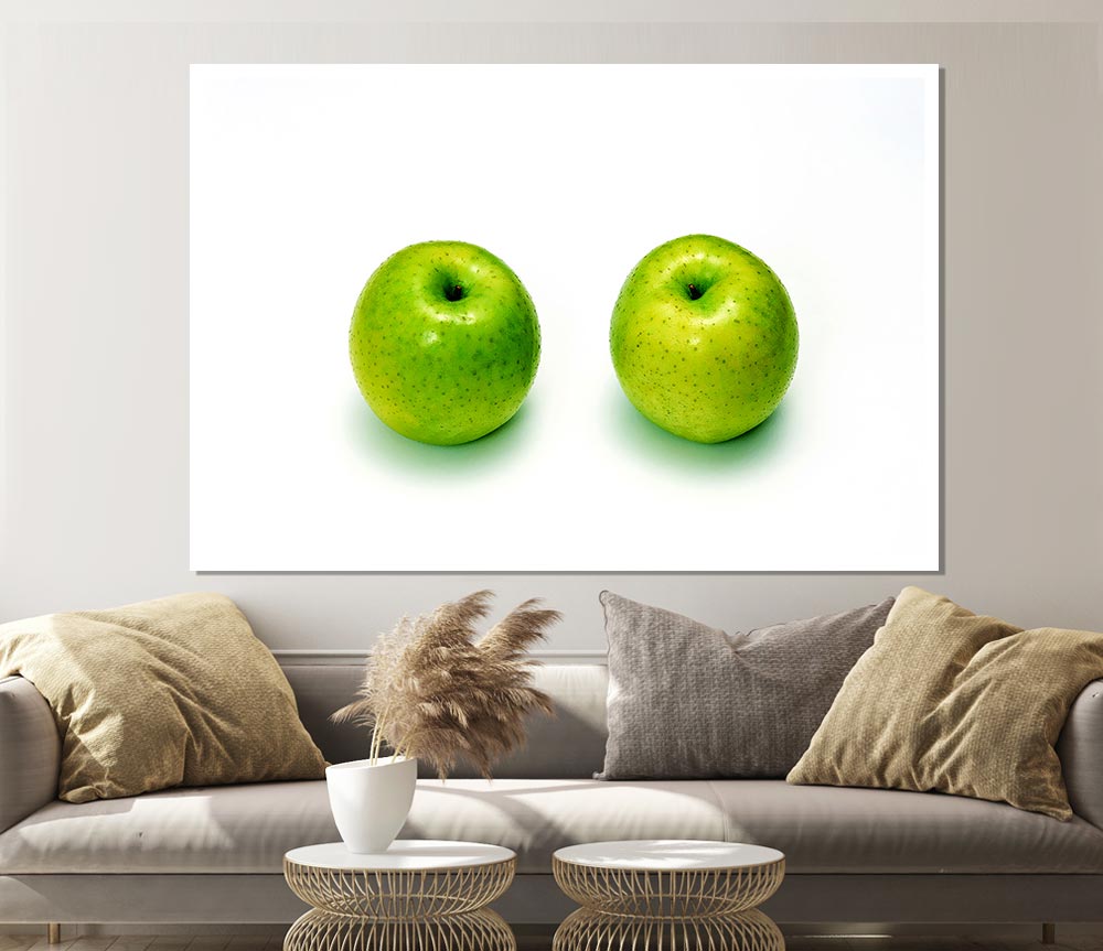 A vibrant Apple Twins poster printed on high-quality canvas, showcasing two apples with rich colors and intricate details.