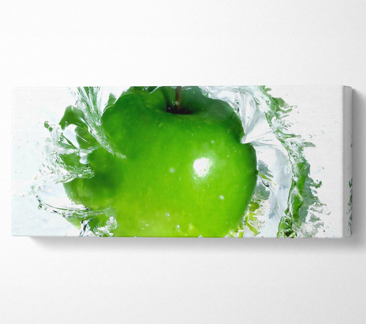 Vibrant Apple Water Splash canvas art mounted on a 44mm box frame, showcasing a dynamic splash of water with apples.