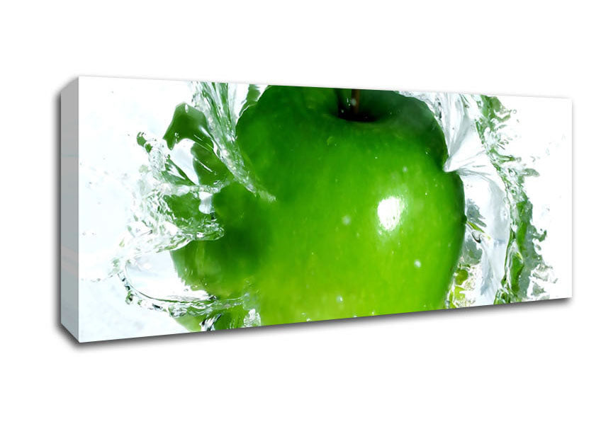 Vibrant Apple Water Splash canvas art mounted on a 44mm box frame, showcasing a dynamic splash of water with apples.