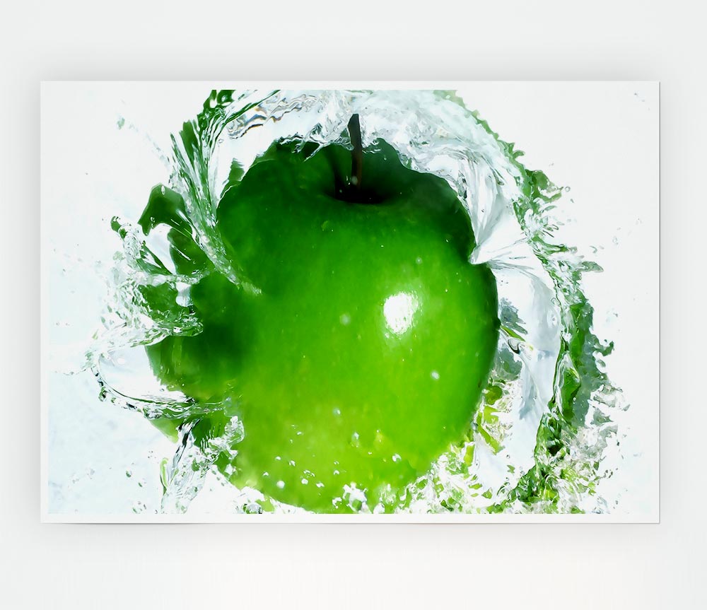 A vibrant canvas poster featuring a splash of water around fresh apples, showcasing bright colors and dynamic imagery.