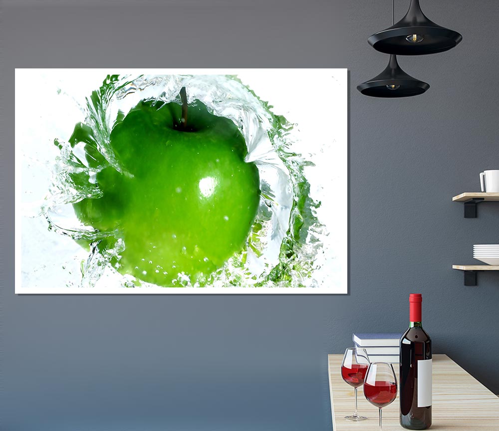 A vibrant canvas poster featuring a splash of water around fresh apples, showcasing bright colors and dynamic imagery.