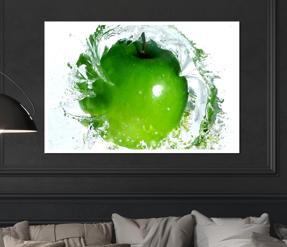 A vibrant canvas poster featuring a splash of water around fresh apples, showcasing bright colors and dynamic imagery.