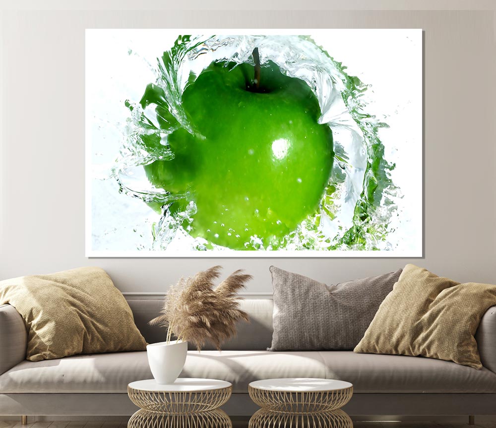 A vibrant canvas poster featuring a splash of water around fresh apples, showcasing bright colors and dynamic imagery.