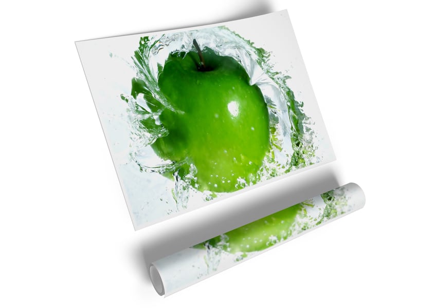 A vibrant canvas poster featuring a splash of water around fresh apples, showcasing bright colors and dynamic imagery.