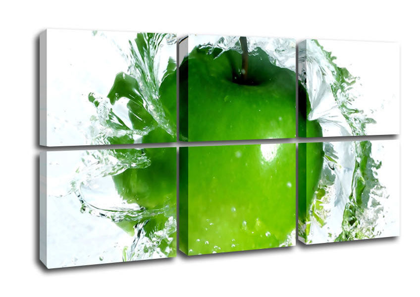 Vibrant Apple Water Splash canvas art mounted on a sturdy box frame, showcasing a dynamic splash of water with apples.