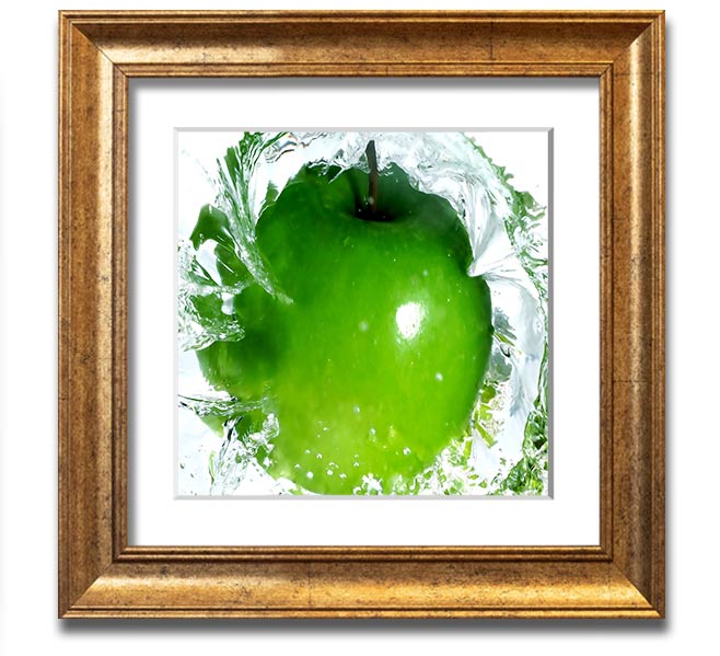 A vibrant square framed print of apples splashing in water, showcasing bright colors and dynamic imagery, ready to hang.